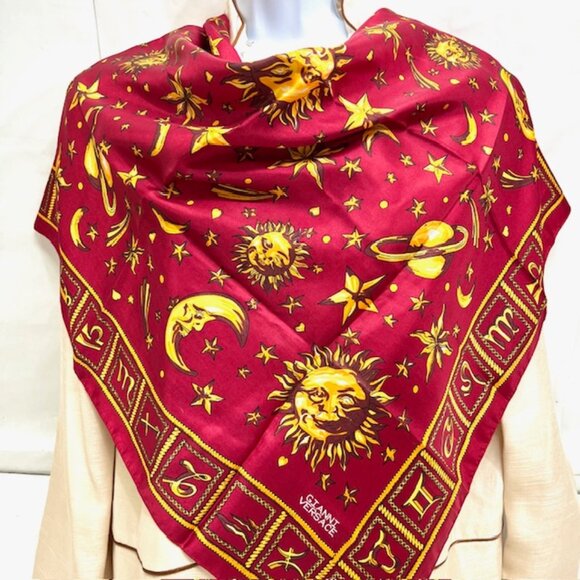 Unused-Gianni Versace Silk Scarf 34" x 34"Red Orange Burgendy Astrology Signs(19